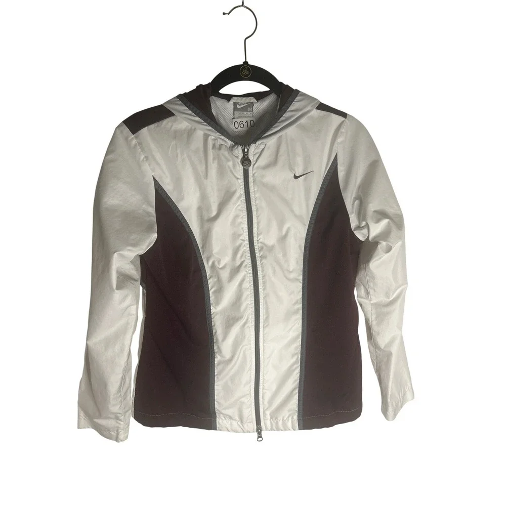 Nike Womens Hooded Windbreaker Jacket White Burgundy Mesh Lined Size M